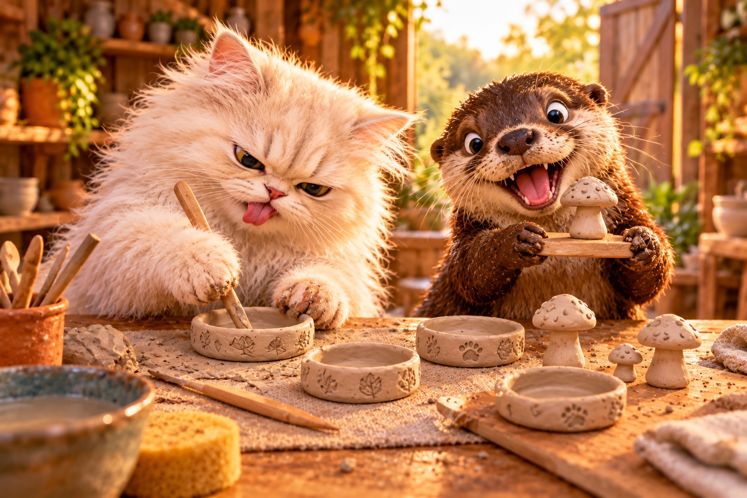 AI-generated cheerful animals making air-dry clay trinkets in a colourful craft setting