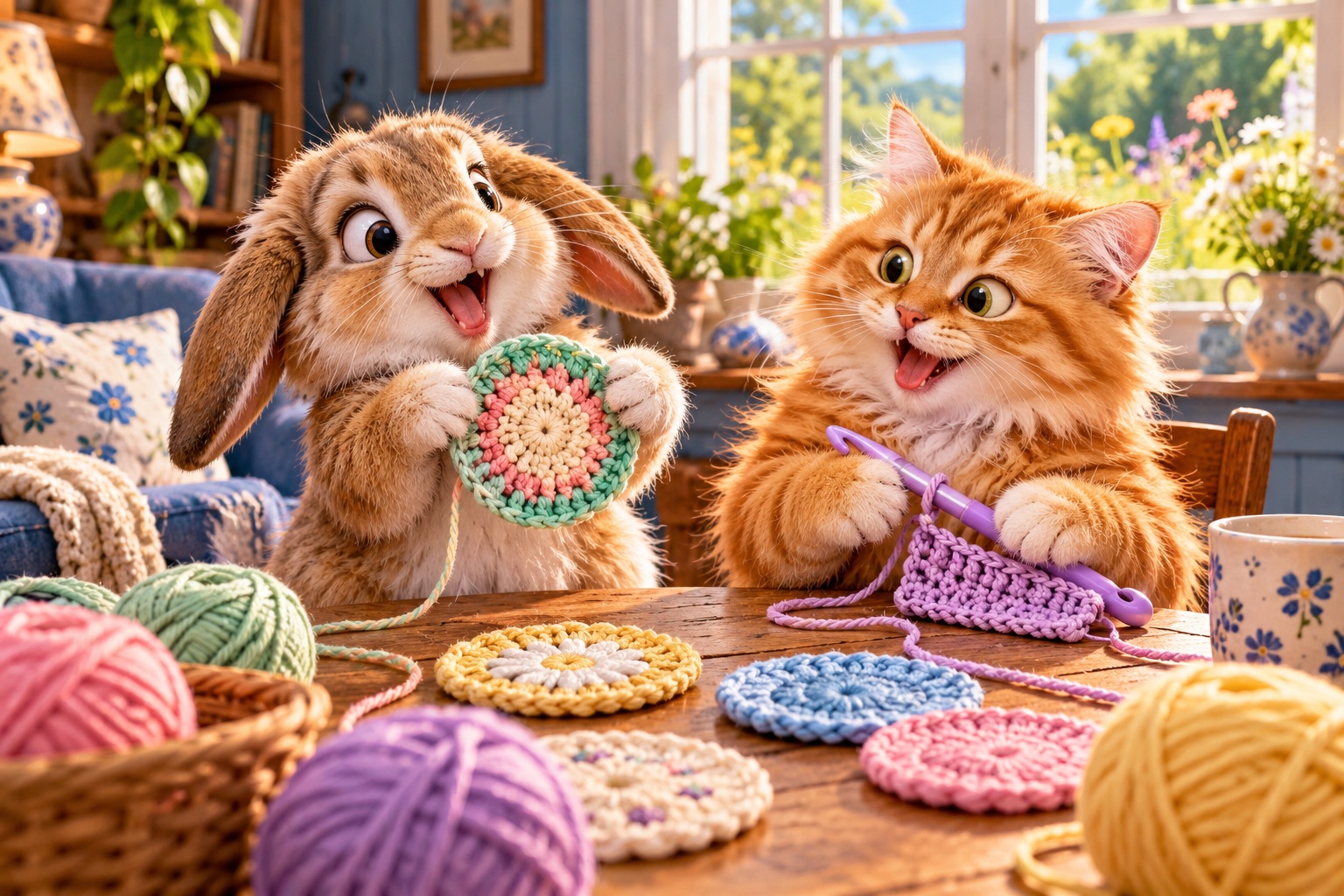 AI-generated cheerful animals making beginner crochet coasters in a colourful craft setting