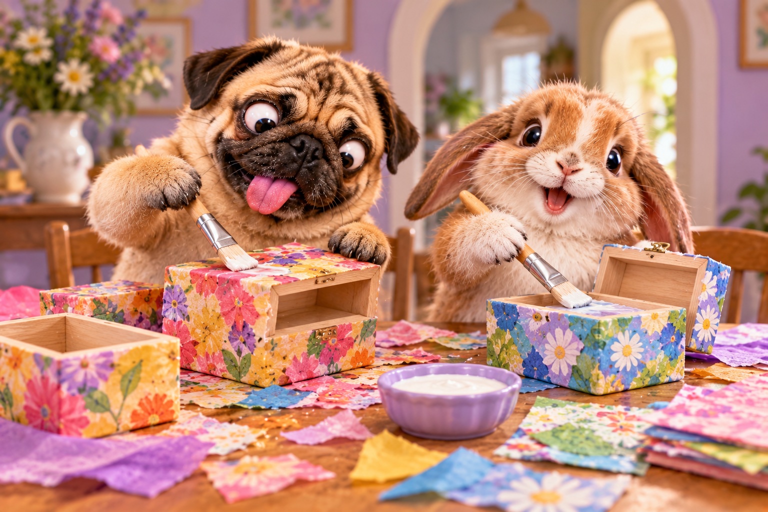 AI-generated cheerful animals making decoupage keepsake boxes in a colourful craft setting
