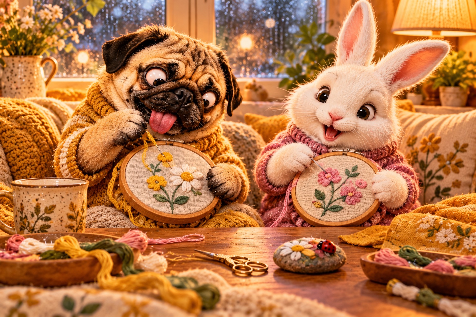 AI-generated cheerful animals making beginner embroidery hoops in a colourful craft setting