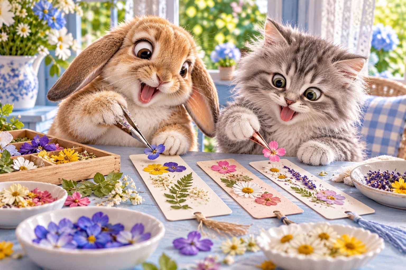 AI-generated cheerful animals making pressed-flower bookmarks in a colourful craft setting
