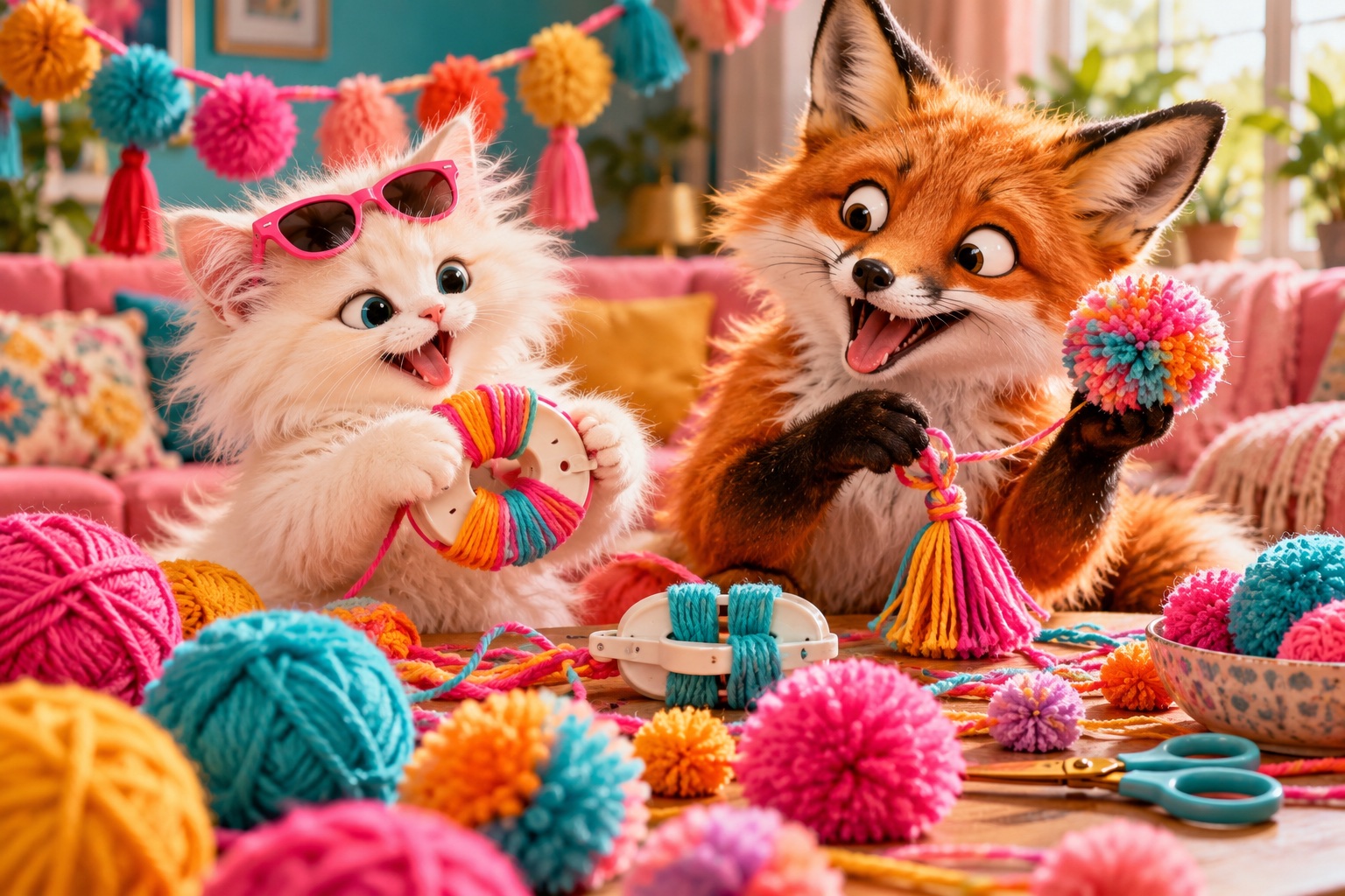 AI-generated cheerful animals making pom-pom & tassel garlands in a colourful craft setting