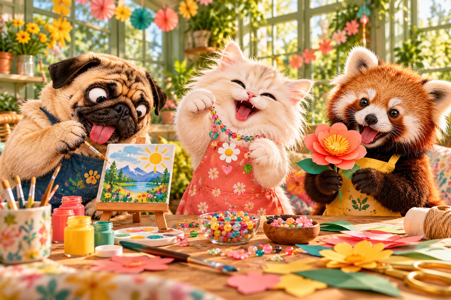 AI-generated cheerful animals crafting together in a colourful conservatory
