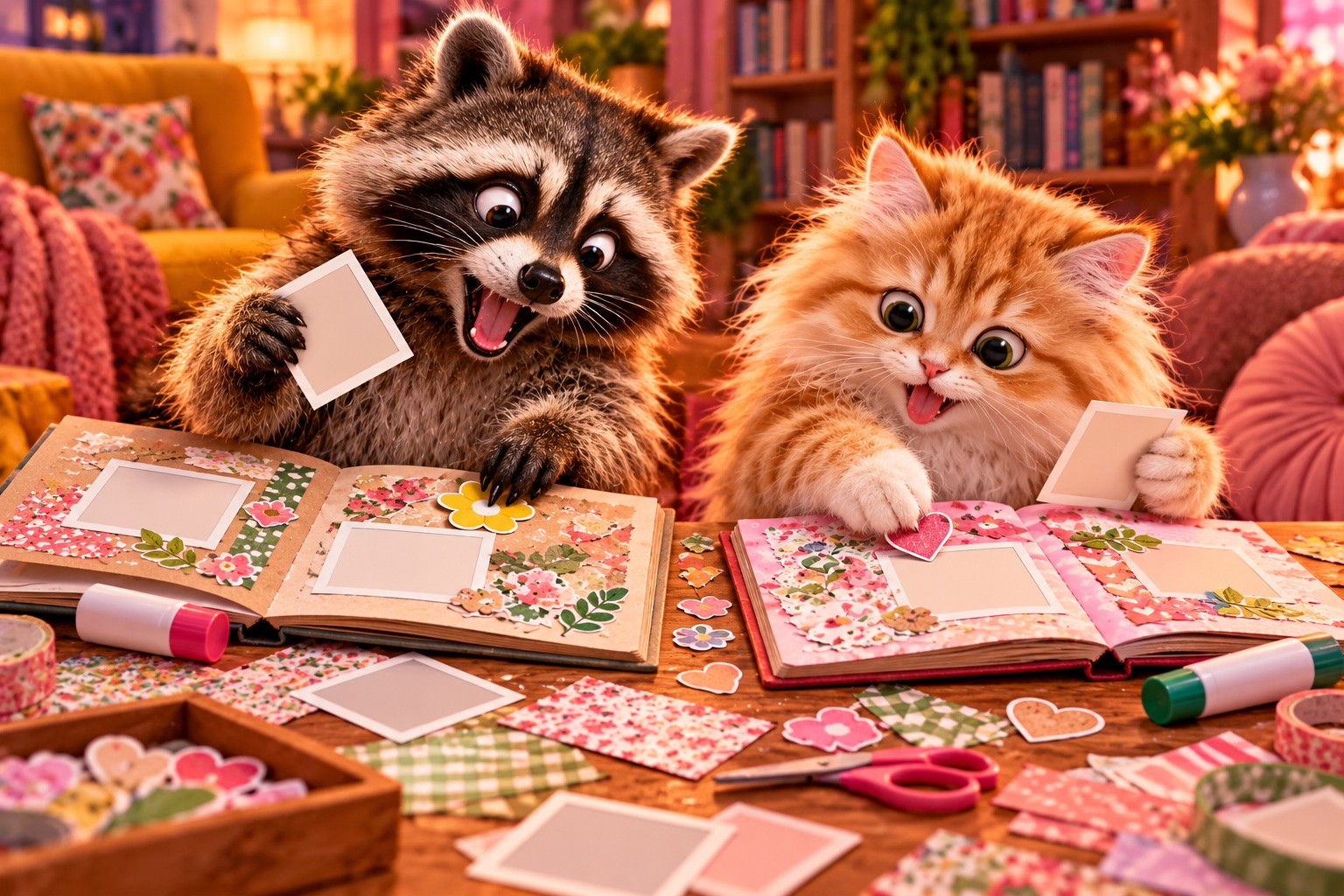 AI-generated cheerful animals making scrapbook & memory journals in a colourful craft setting