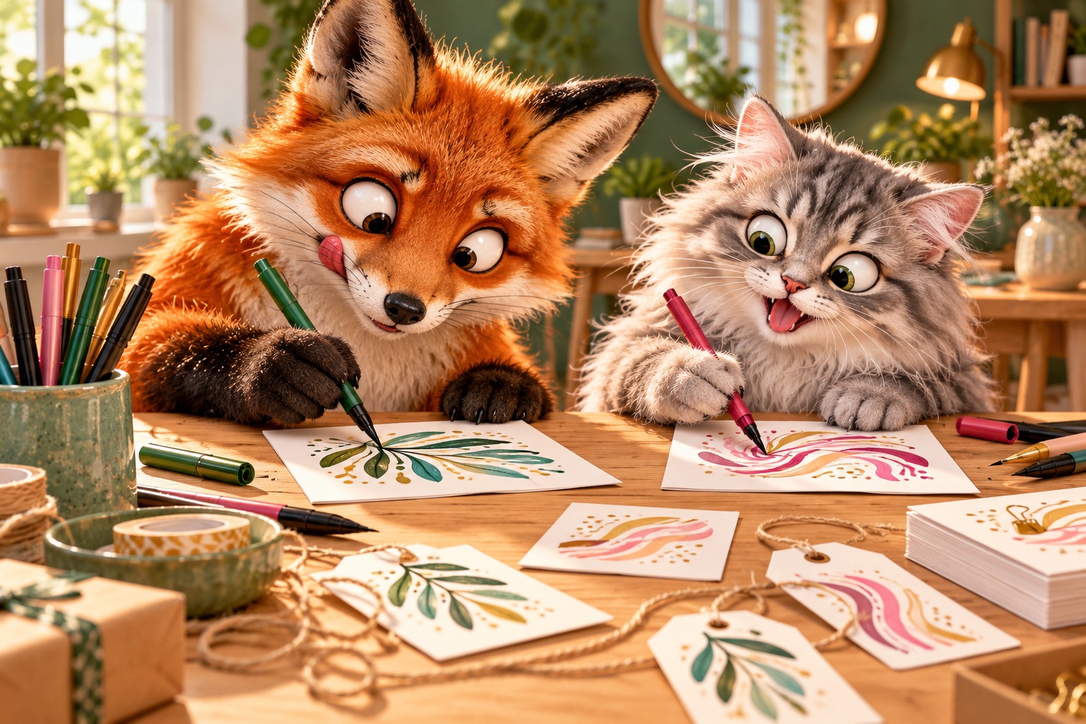 AI-generated cheerful animals making brush lettering cards & gift tags in a colourful craft setting