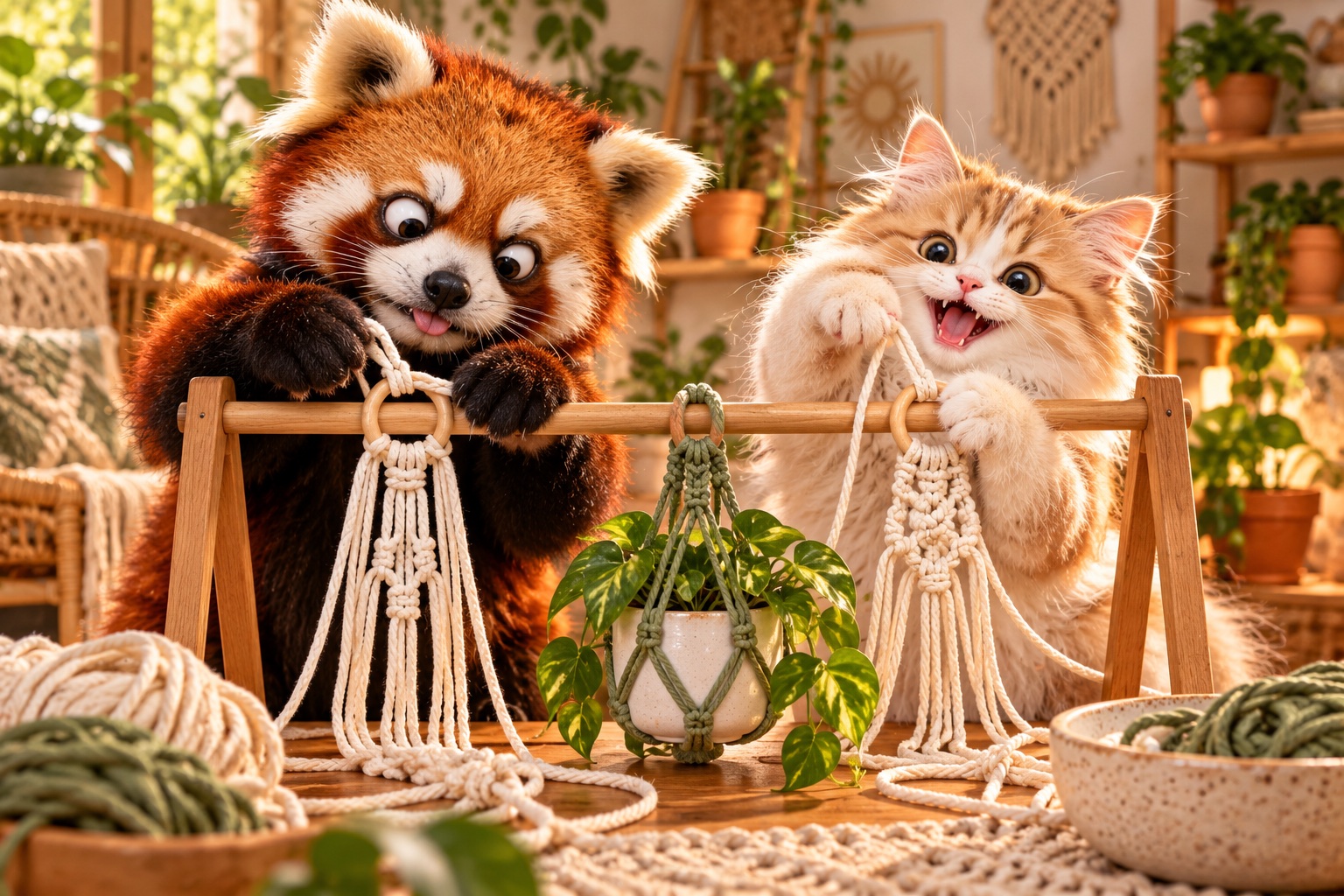 AI-generated cheerful animals making macramé plant hangers in a colourful craft setting
