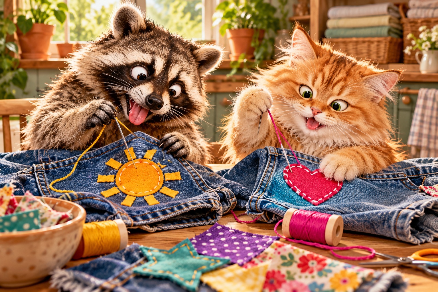 AI-generated cheerful animals making visible mending & denim patches in a colourful craft setting