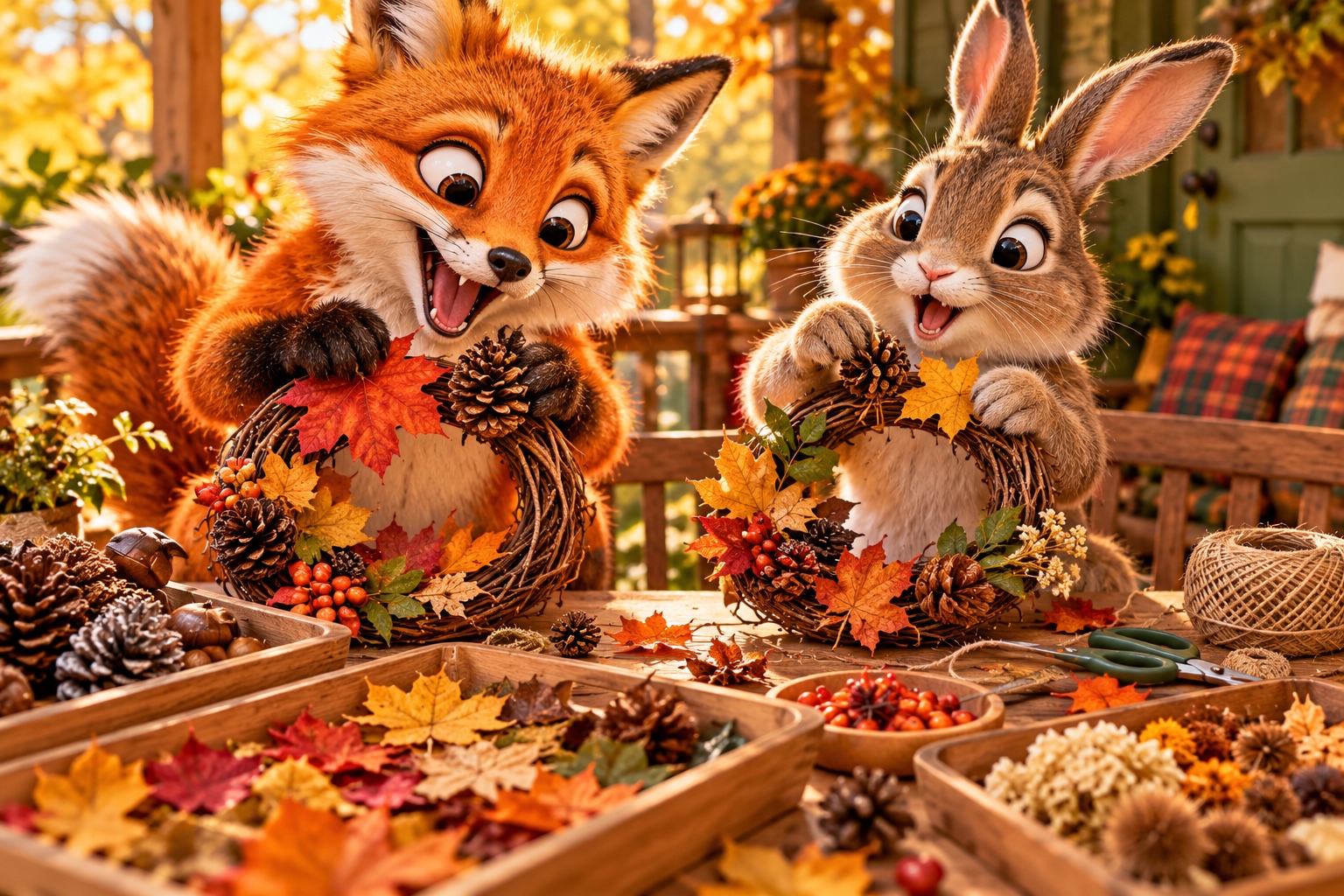 AI-generated cheerful animals making nature wreaths in a colourful craft setting