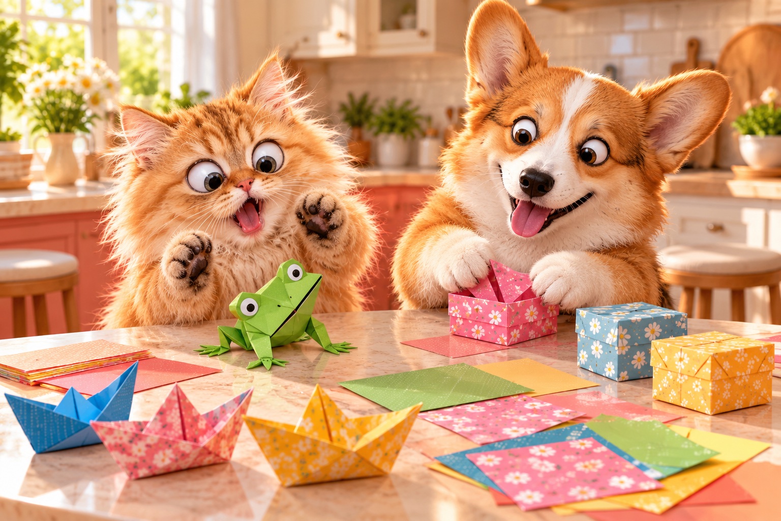 AI-generated cheerful animals making origami animals & gift boxes in a colourful craft setting