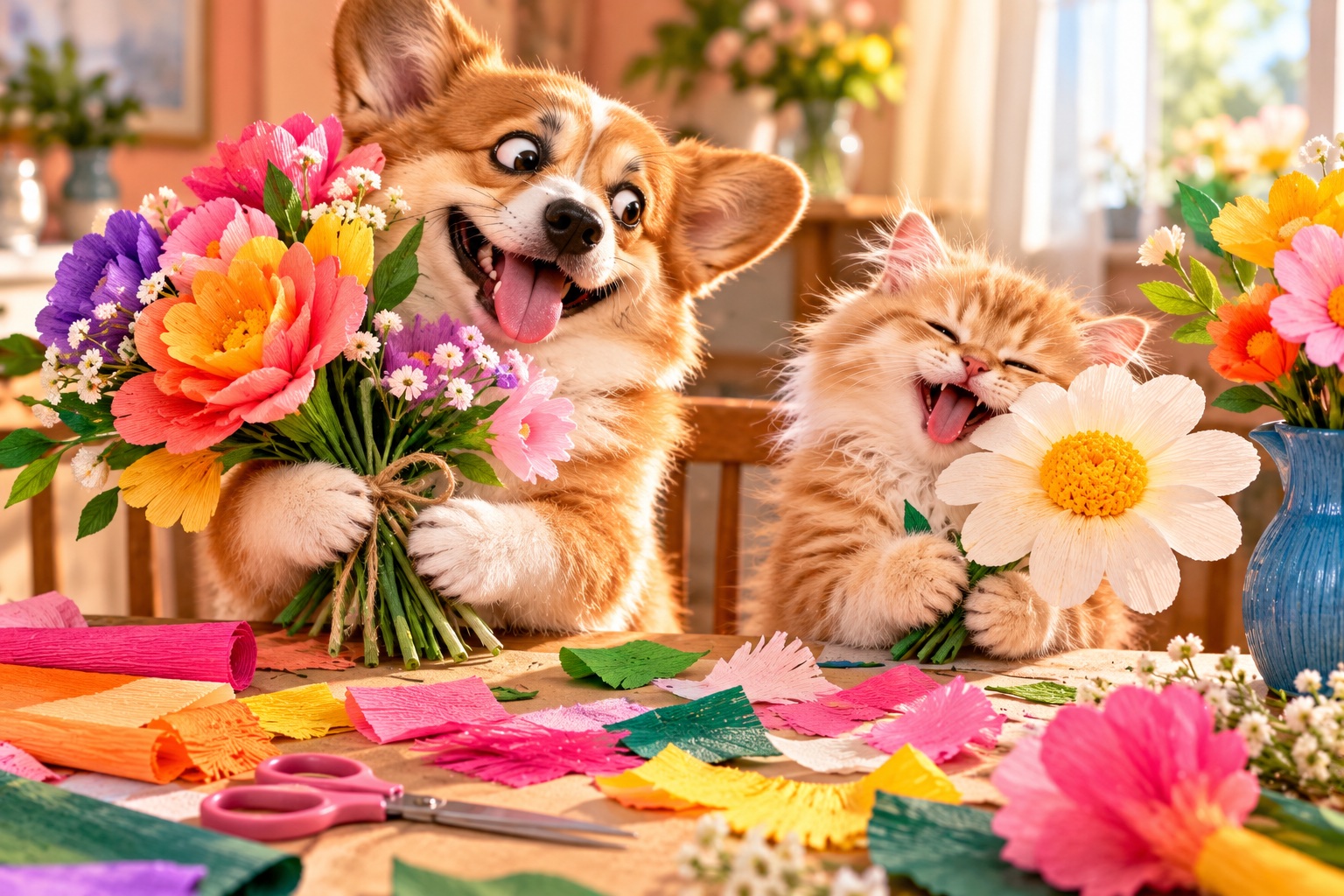 AI-generated cheerful animals making paper flower bouquets in a colourful craft setting