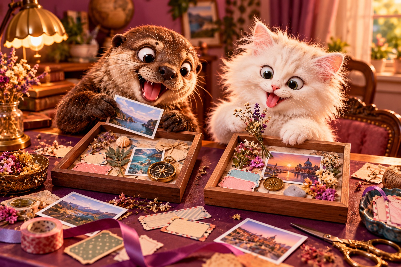 AI-generated cheerful animals making shadow box memory collages in a colourful craft setting