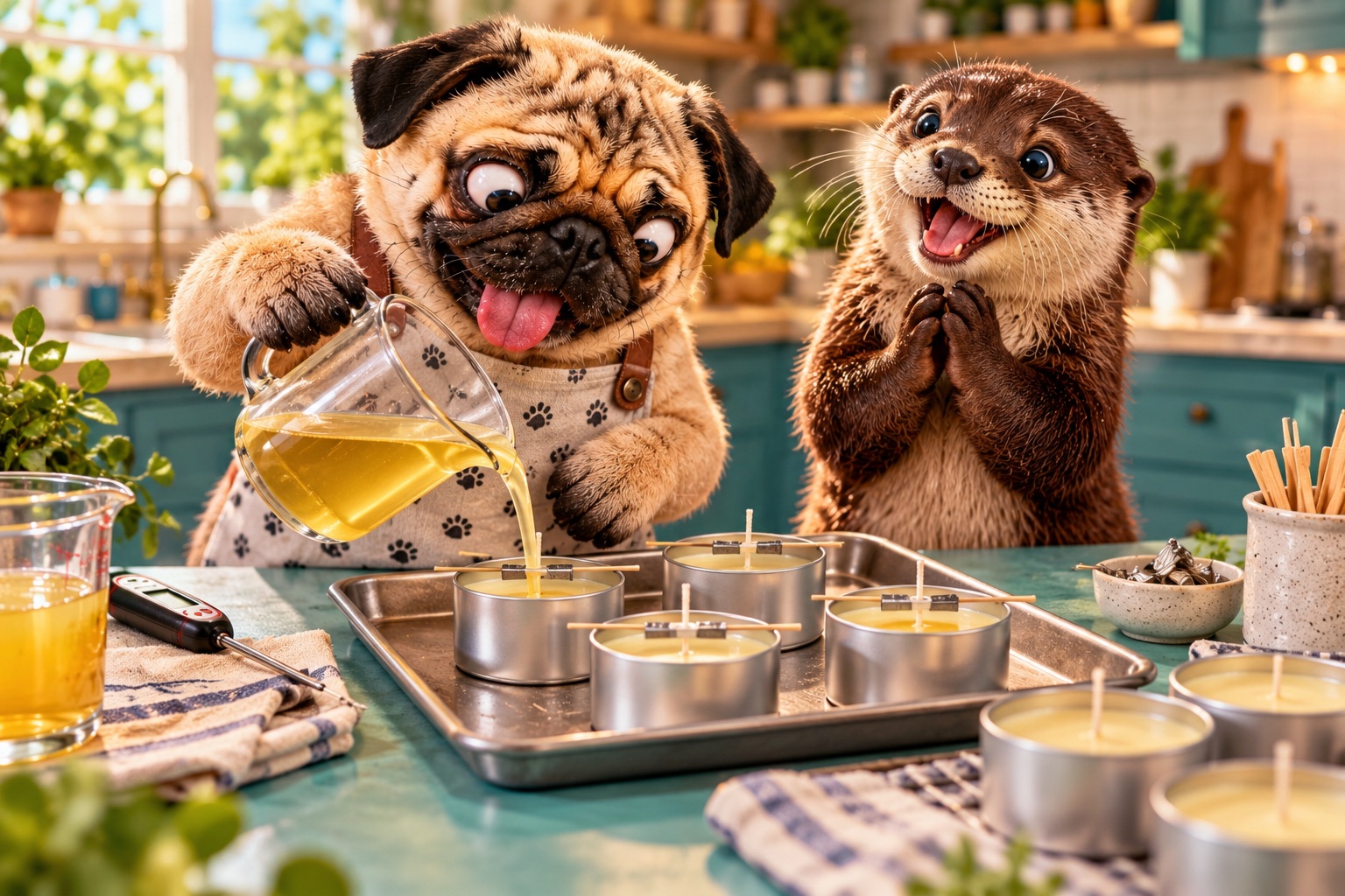AI-generated cheerful animals making poured soy candles in a colourful craft setting