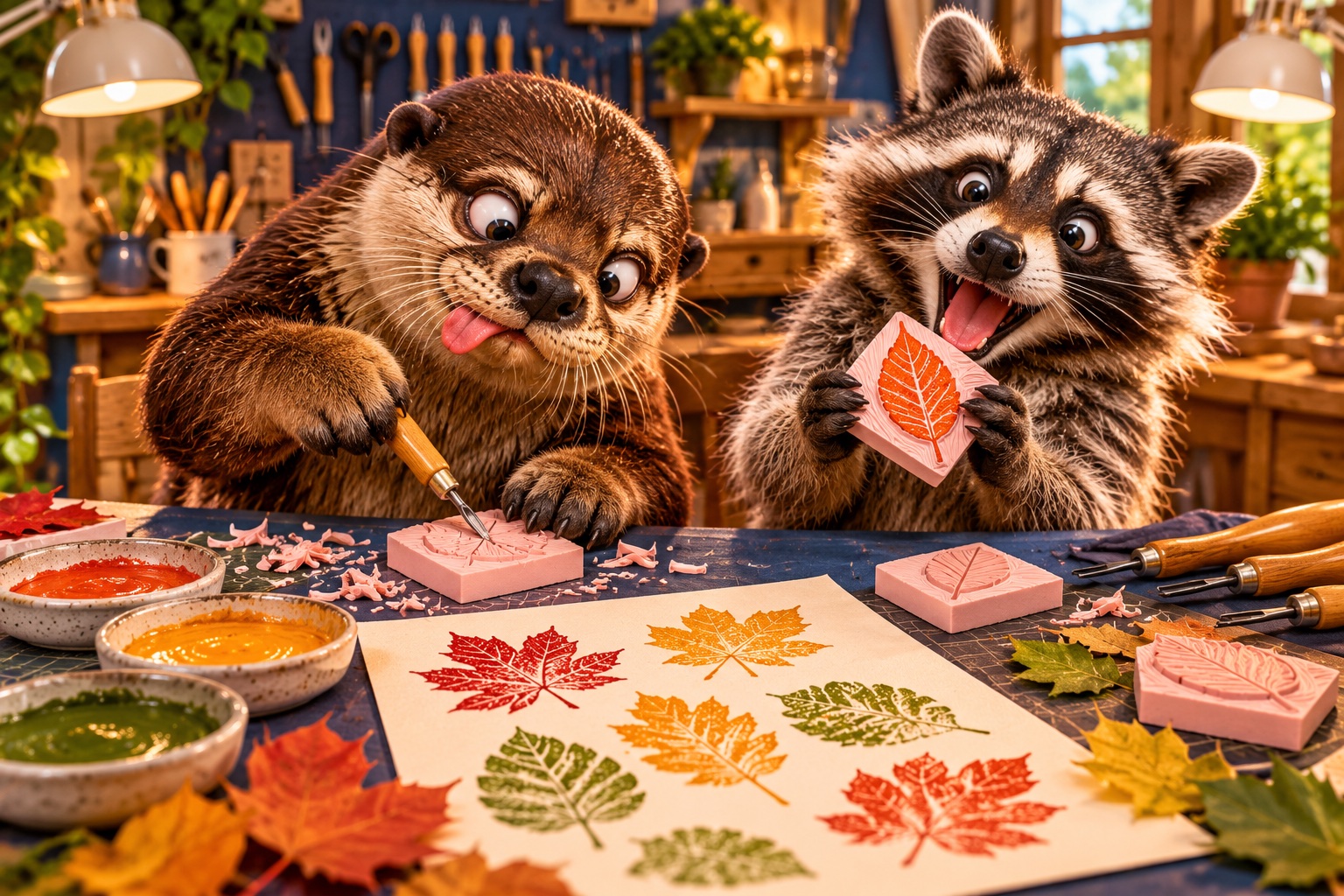 AI-generated cheerful animals making carve & print your own stamps in a colourful craft setting
