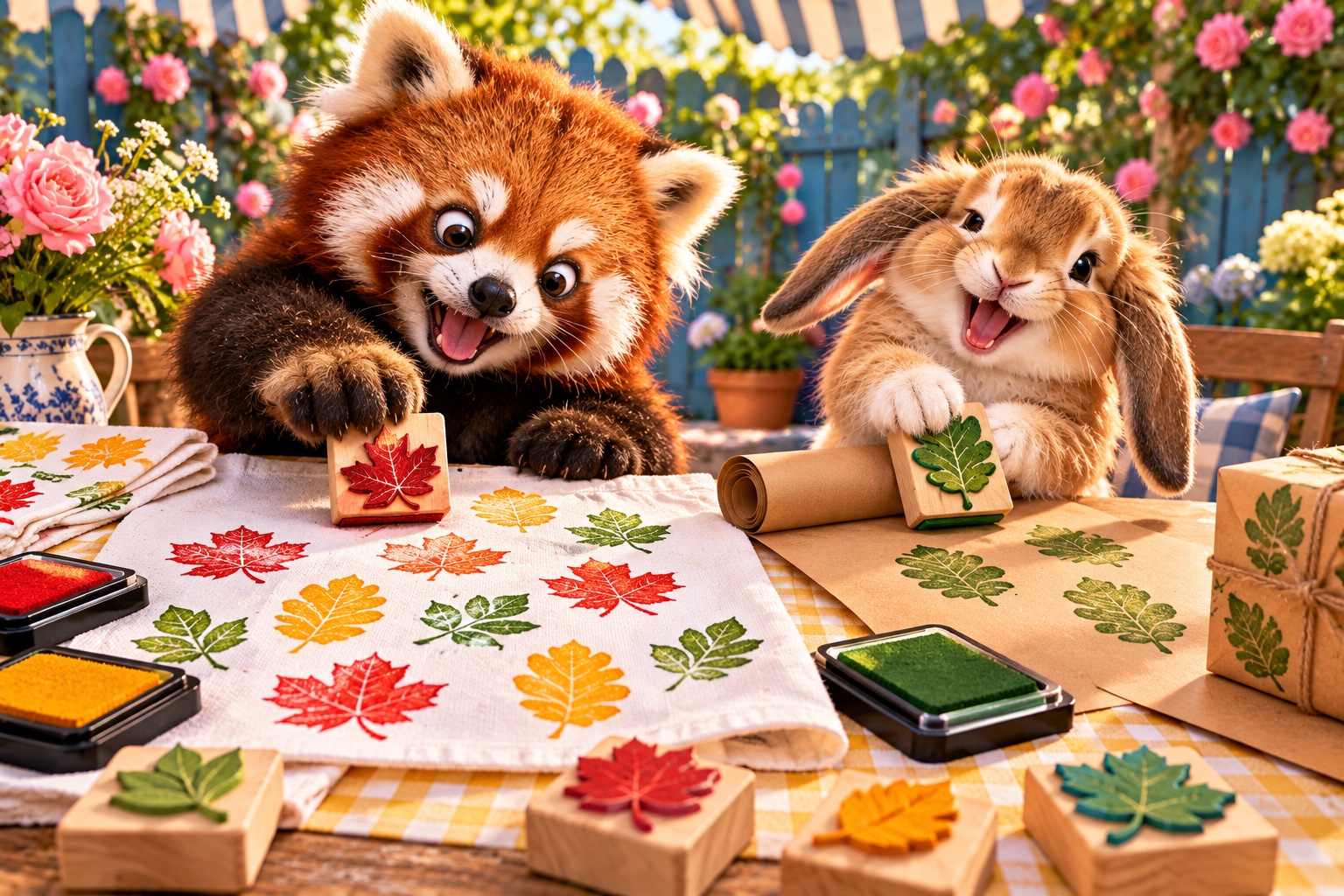 AI-generated cheerful animals making stamp-printed tea towels & gift wrap in a colourful craft setting
