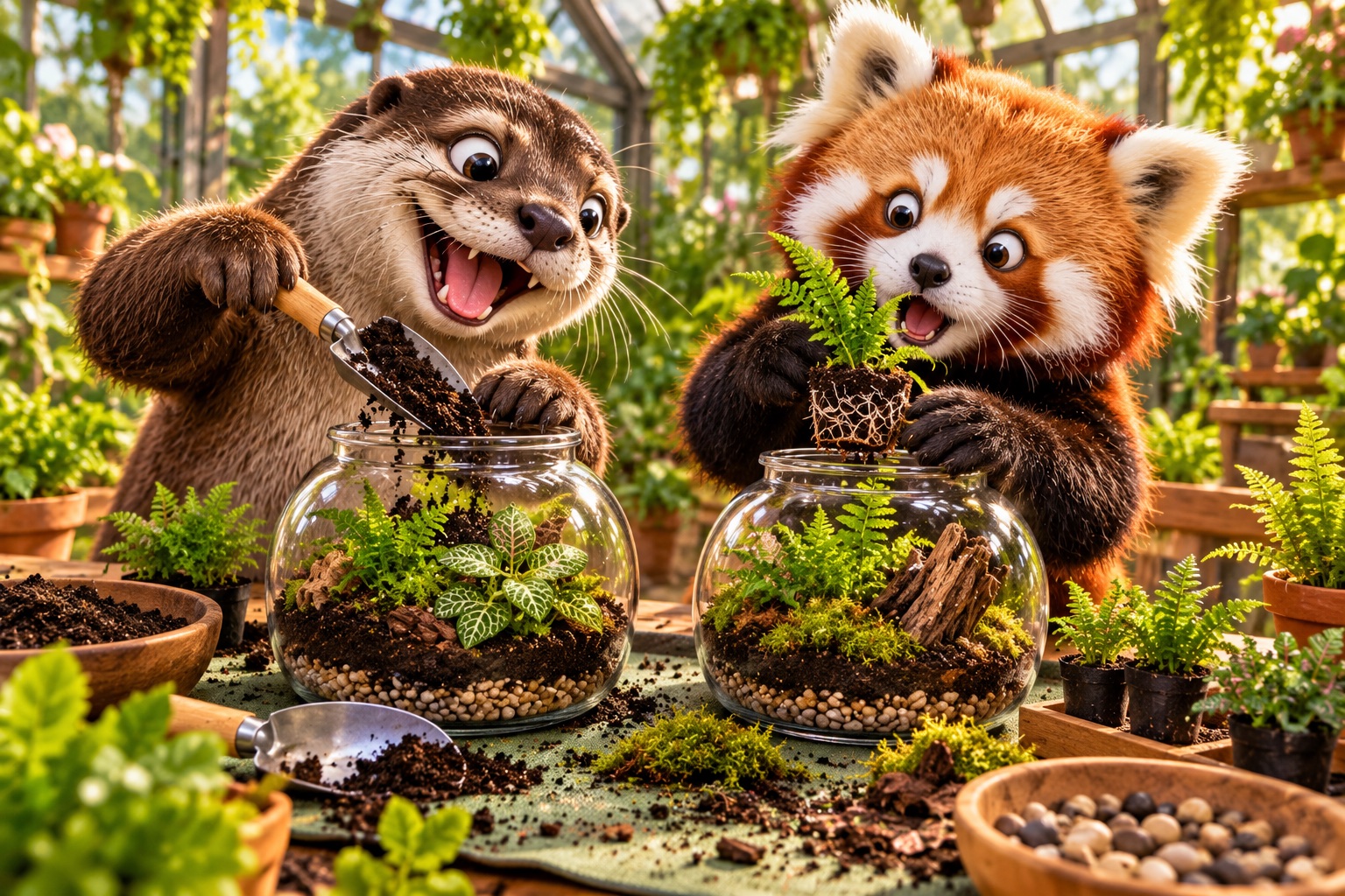 AI-generated cheerful animals making mini terrarium gardens in a colourful craft setting