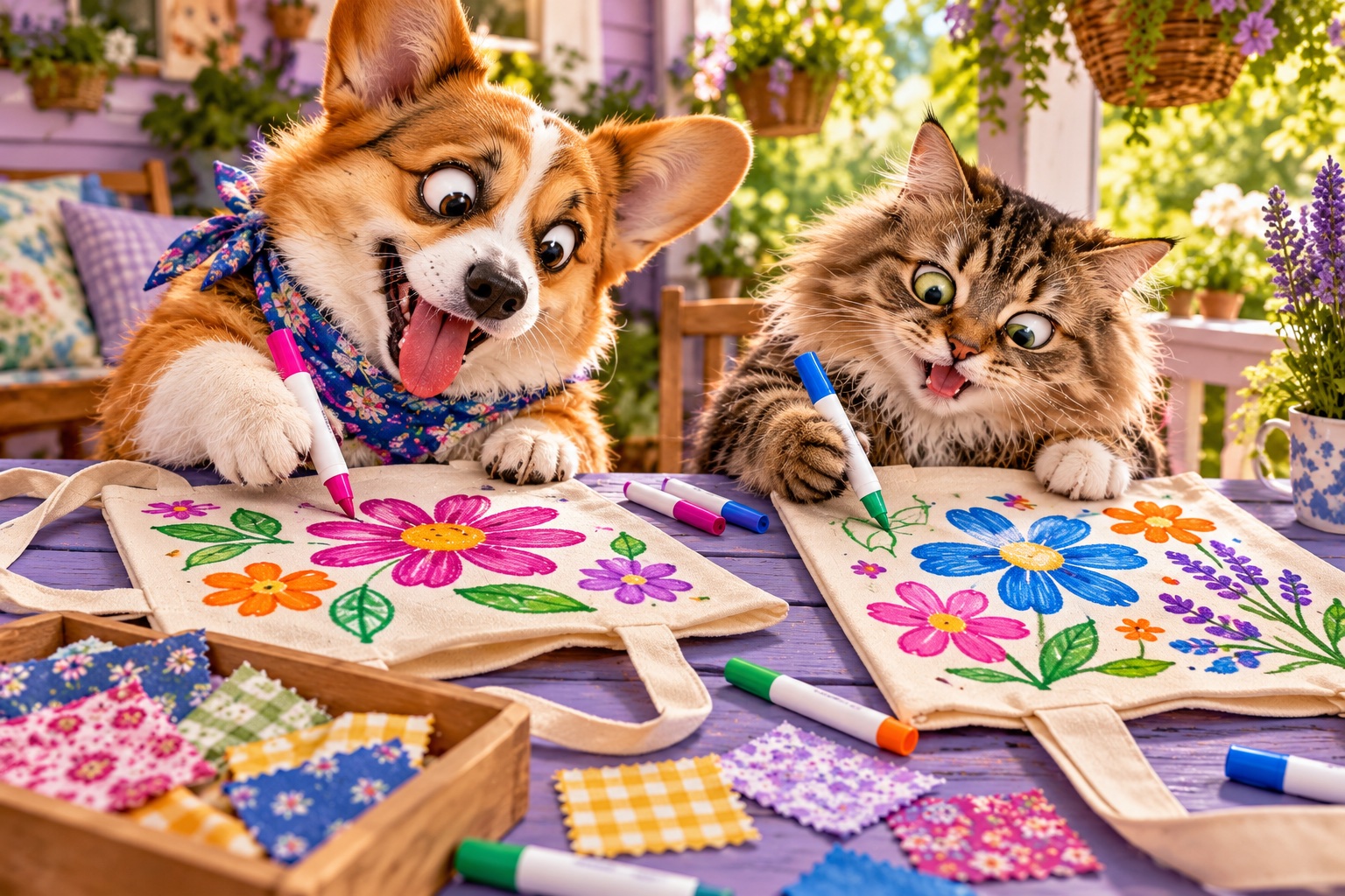 AI-generated cheerful animals making tote decorating & fabric patches in a colourful craft setting