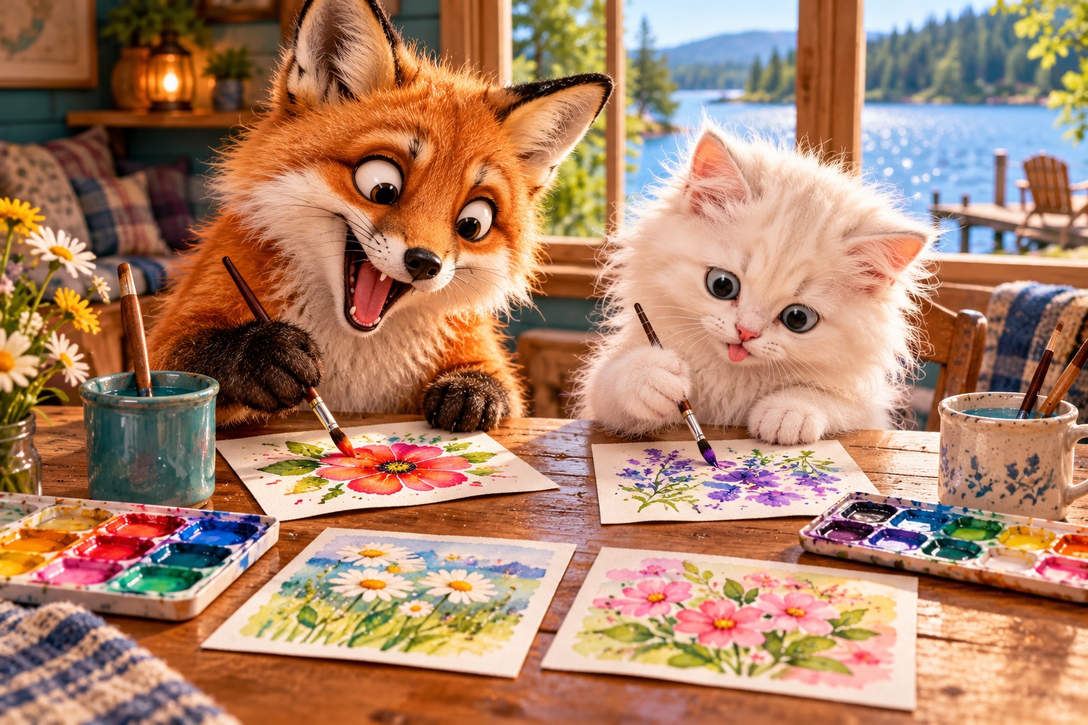 AI-generated cheerful animals making watercolor cards & postcards in a colourful craft setting