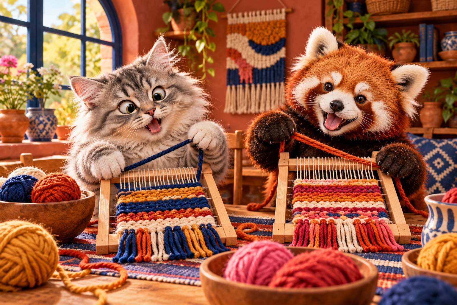 AI-generated cheerful animals making woven wall hangings in a colourful craft setting