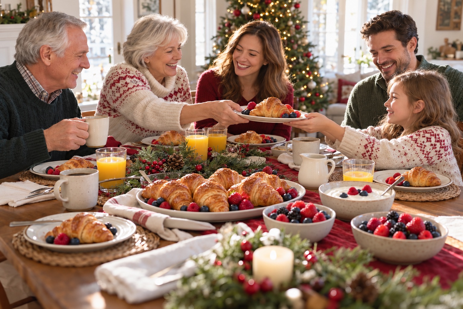 Family and friends sharing food around a warmly decorated Christmas table