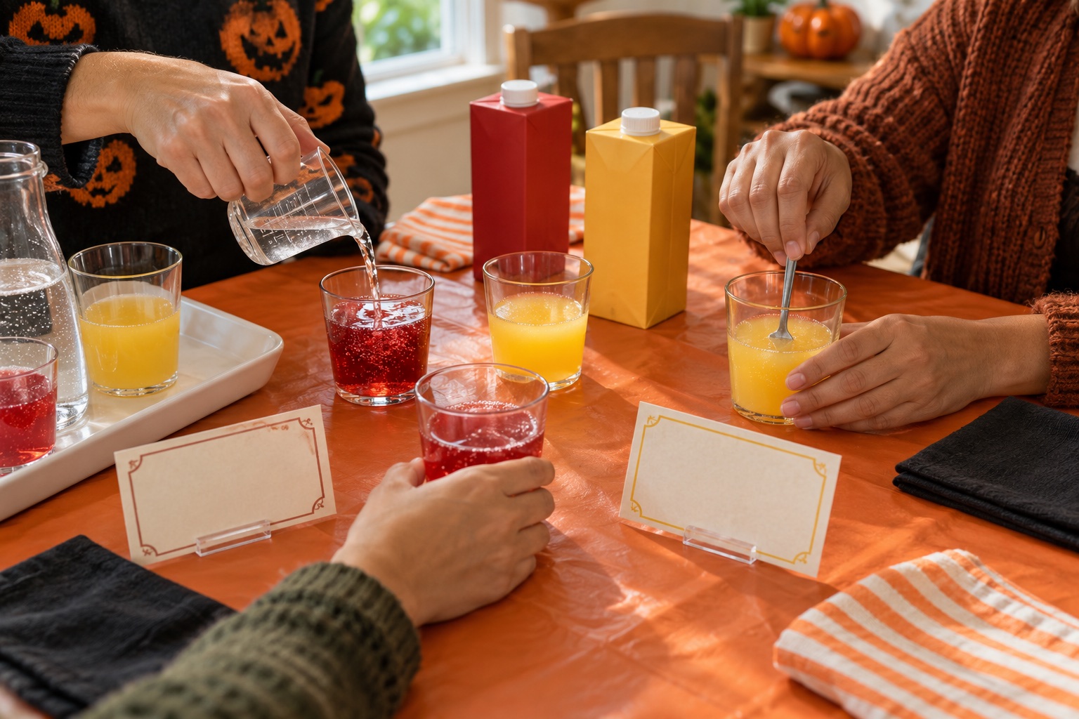 Hands measuring red cranberry and golden pineapple-orange mocktails at an orange Halloween table with black napkins and recipe cards