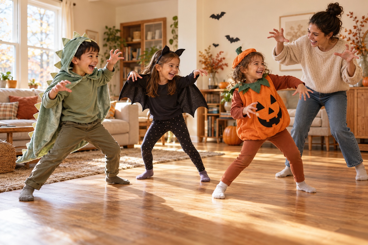 Three children in dinosaur, bat and pumpkin costumes making playful freeze-dance poses with a grown-up in a sunny living room