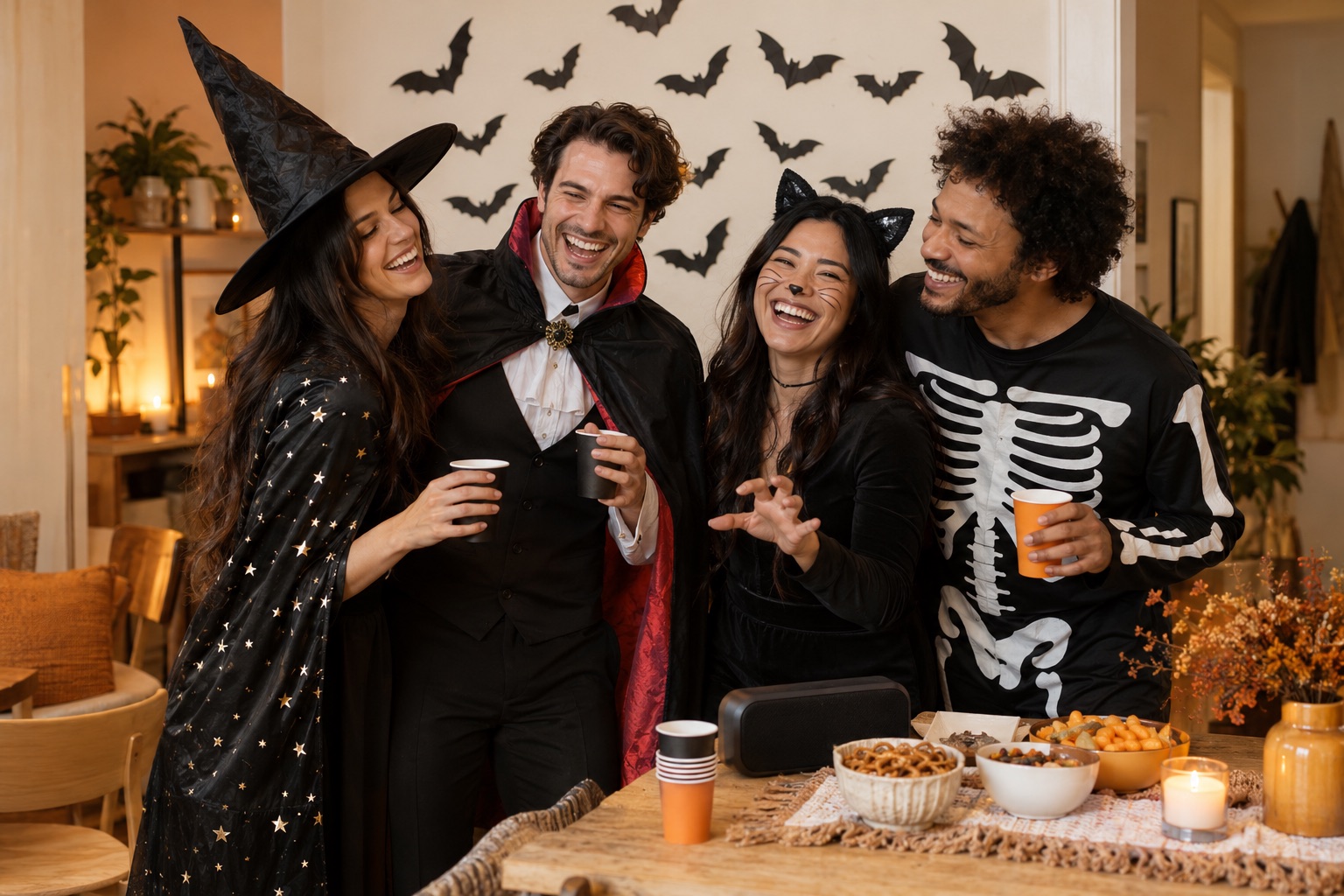A warmly lit Halloween house party with costumed friends gathered for music and dancing