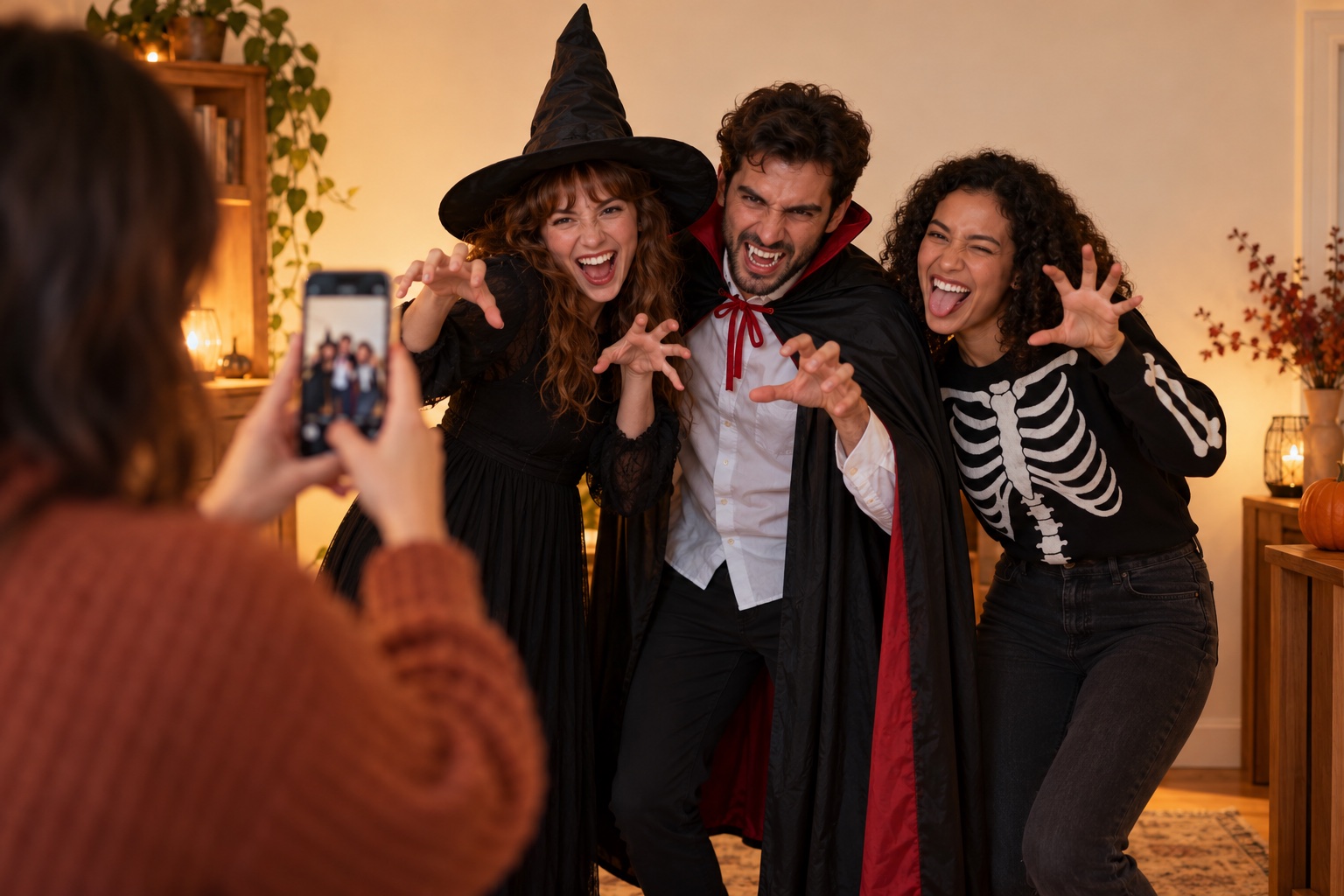Friends in Halloween costumes striking playful poses while a friend photographs them on a phone at home