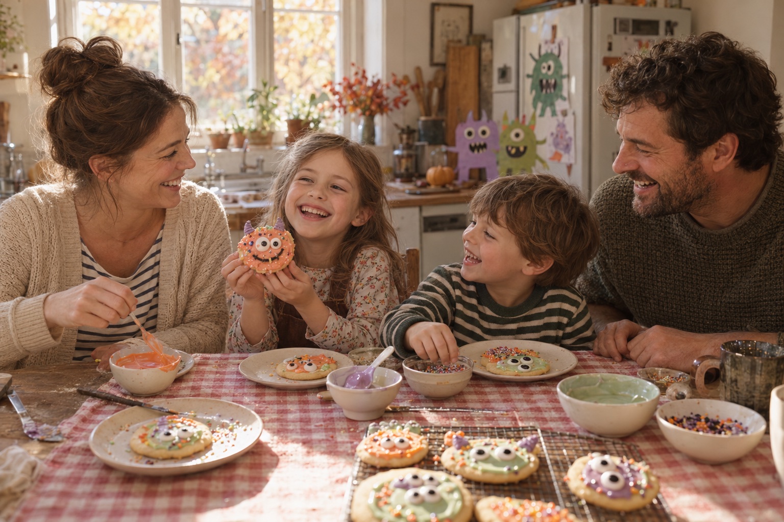 Parents and children laughing together over homemade monster cookies at their kitchen table