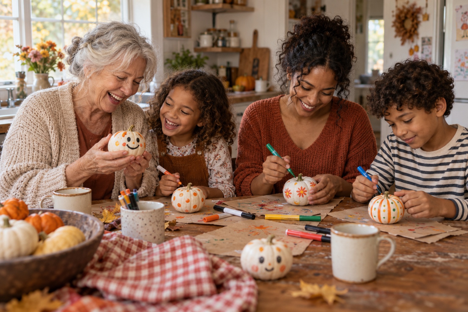 A group gathered around a table decorating small white pumpkins with colorful painted designs