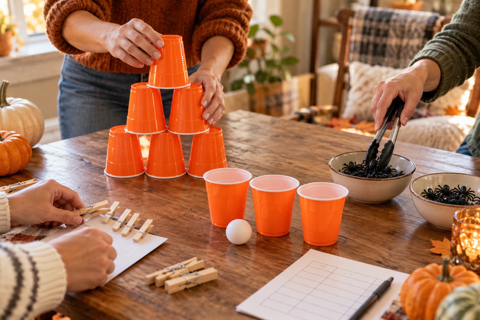 Friends stacking orange cups, moving toy spiders with tongs and clipping wooden pins during tabletop Halloween games