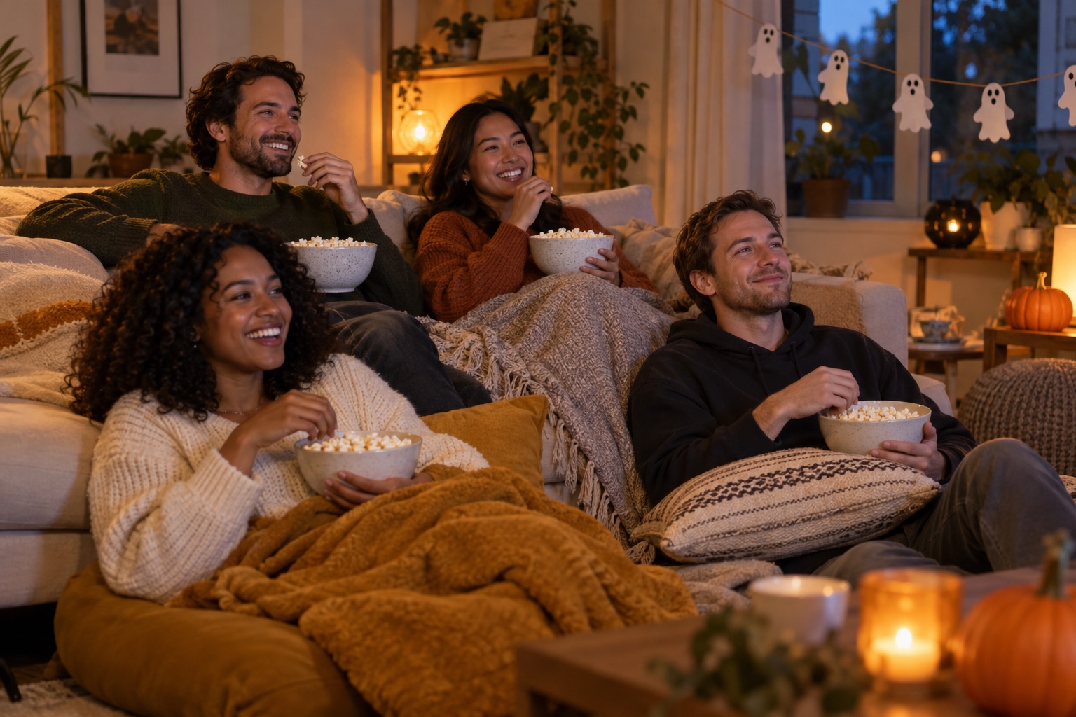 Friends seated with blankets and popcorn in a living room arranged for a Halloween film screening