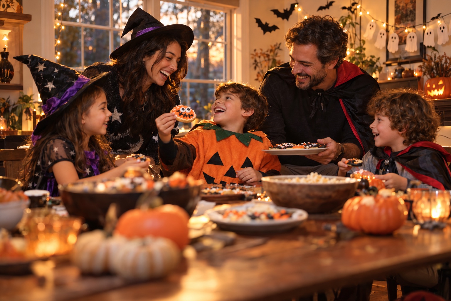 AI-generated illustration of a family sharing Halloween activities at home
