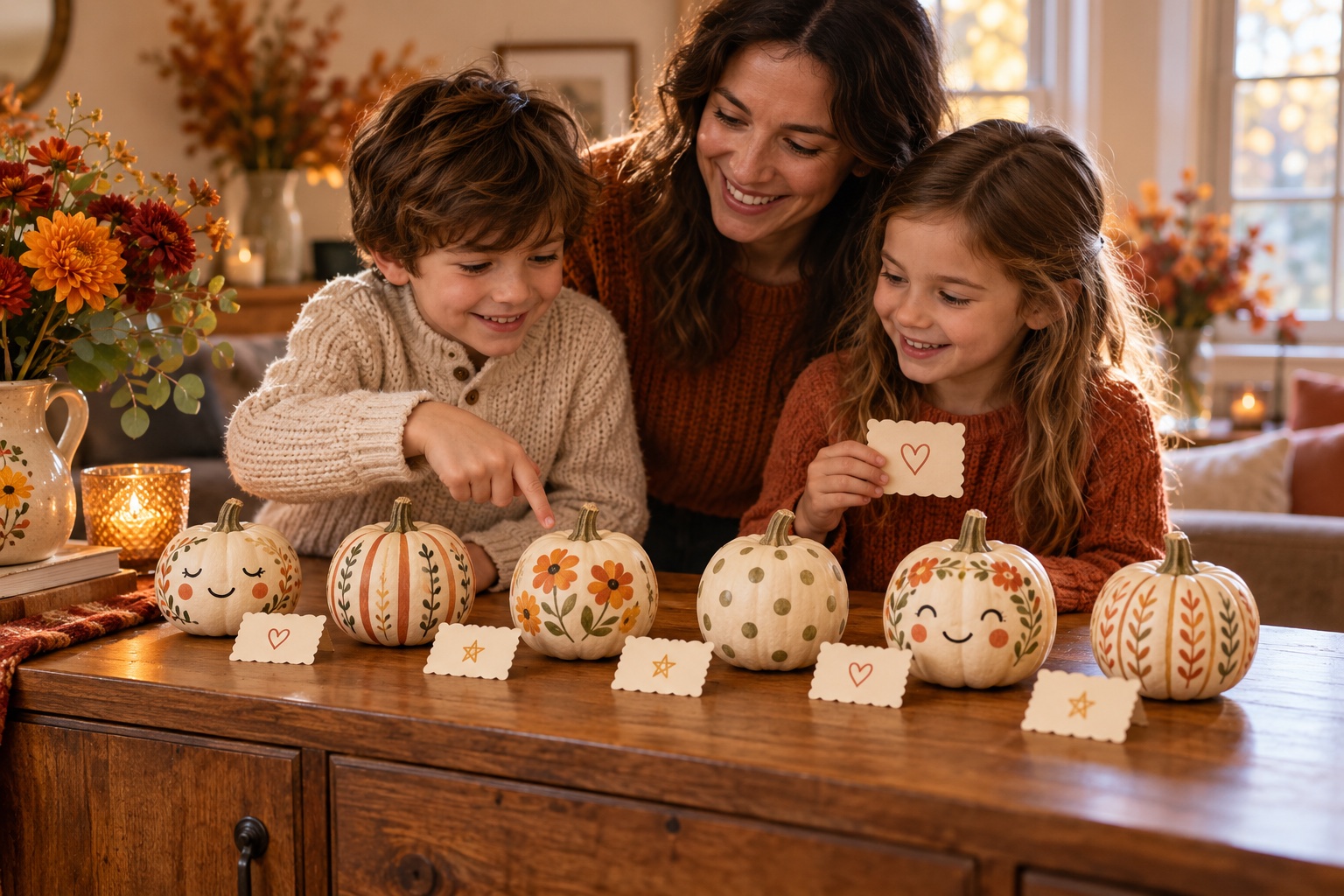 An adult and two children admiring finished painted pumpkins with little appreciation cards in a home gallery