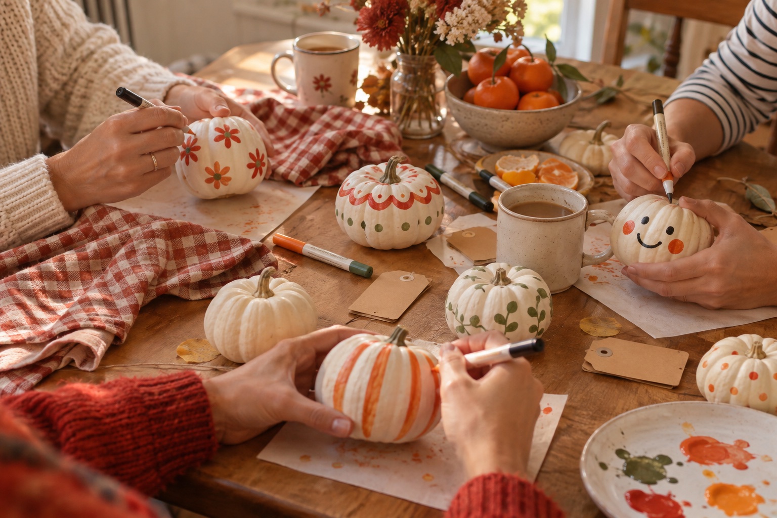 Small white craft pumpkins decorated with flowers, dots, and smiling faces