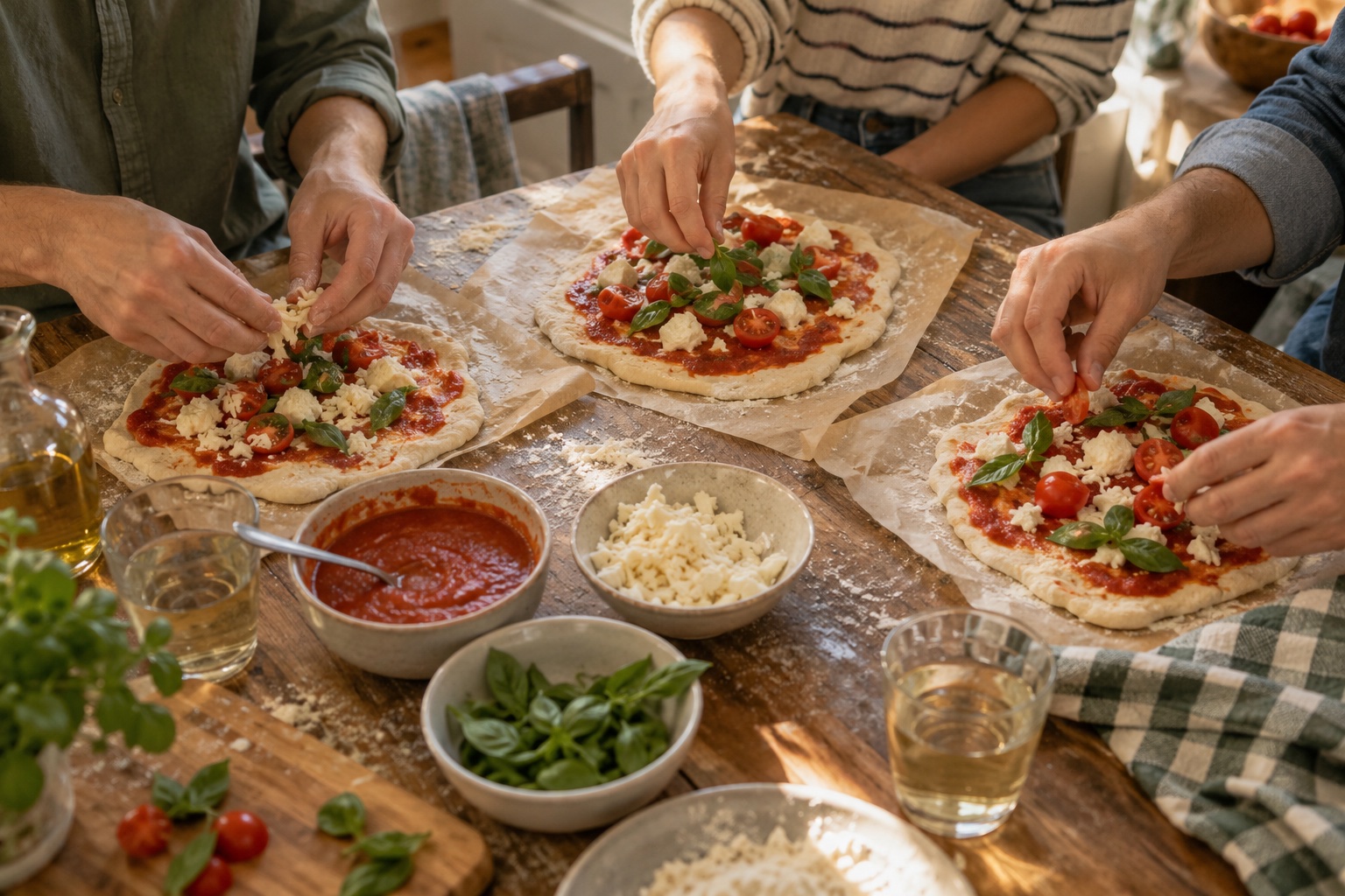 Friends adding cheese and basil to homemade pizzas on a flour-dusted wooden table