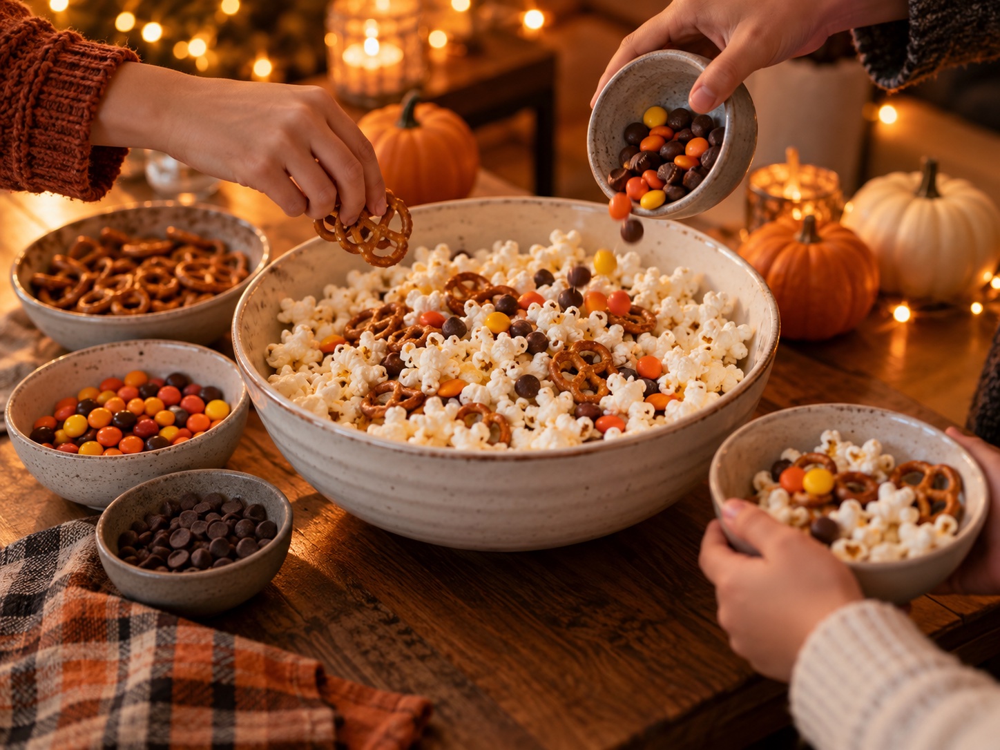 Hands adding pretzels and chocolate candies to a bowl of popcorn beside pumpkins and warm Halloween lights